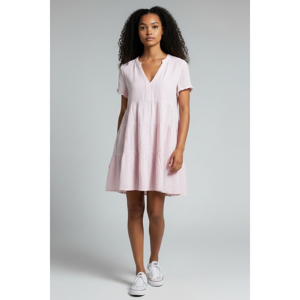 Maeve by Anthropologie Pink Tiered Babydoll Mini Dress Textured Jacquard Large